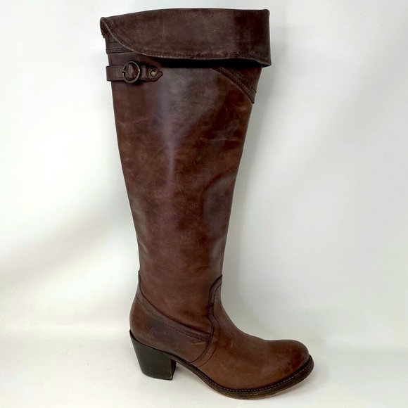 Frye Shoes - Frye Boots Tall Jane Brown Leather Cuff Distressed Heeled Size 6